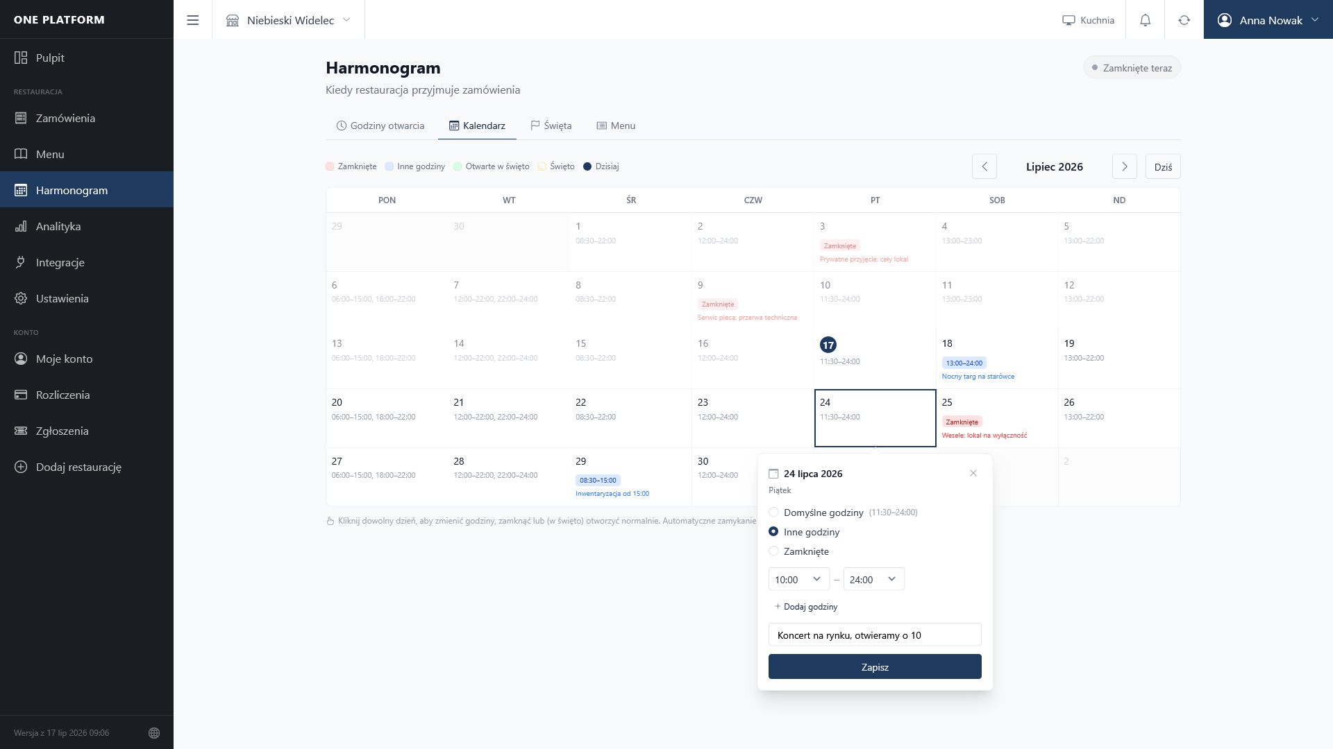 Harmonogram — godziny otwarcia i dni wolne