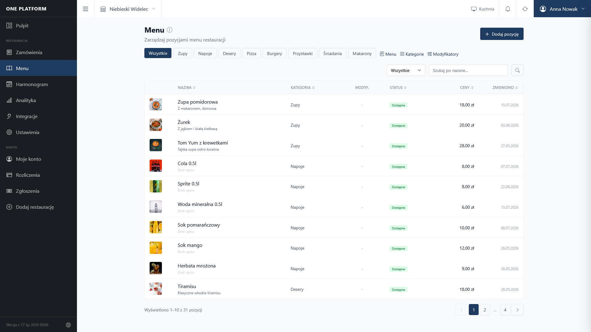 Zarządzanie menu — lista produktów